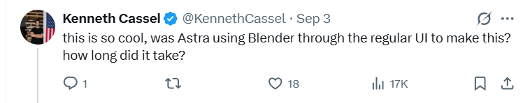 Kenneth Cassel: this is so cool, was Astra using Blender through the regular UI to make this? how long did it take?
