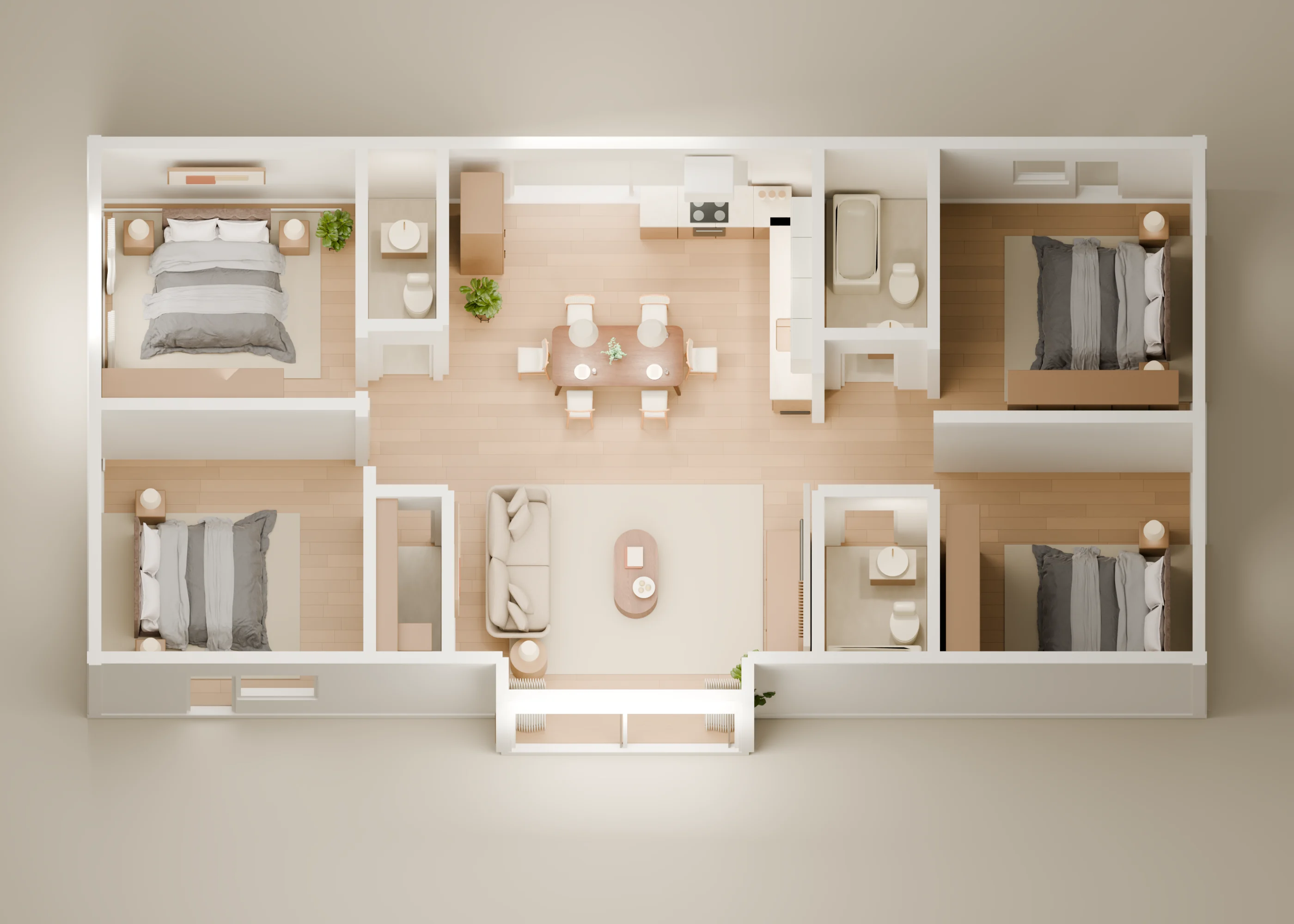 Finished 3D home with four furnished bedrooms and a central living and dining area