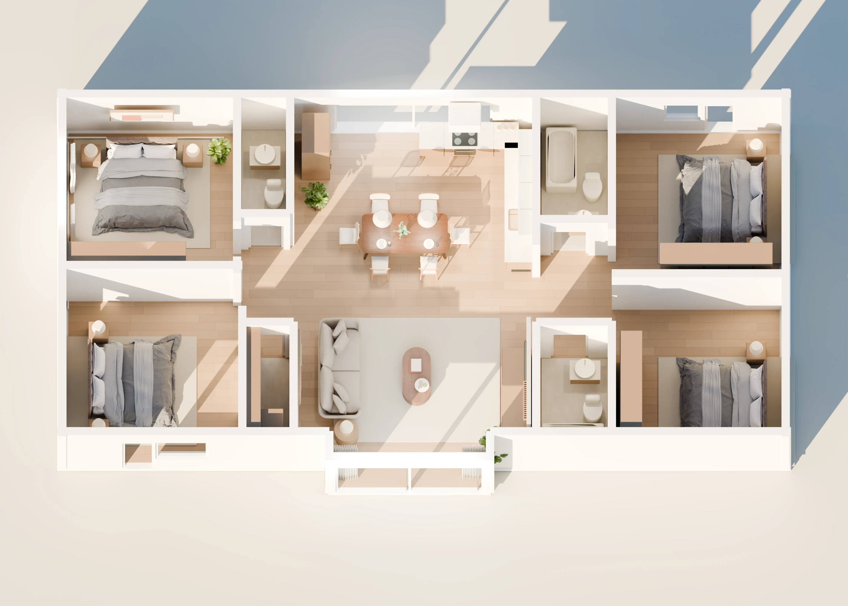 Latest BlenderKit home with four furnished bedrooms and a central living and dining area