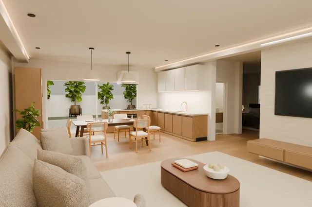 Living and dining areas with warm wood finishes