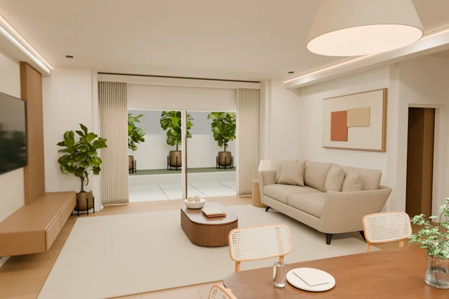 Living room with a sofa and oak furniture