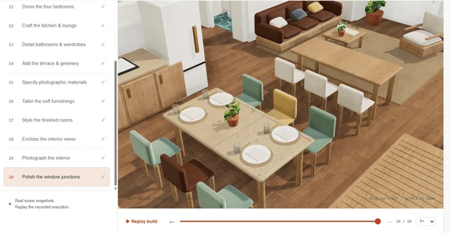 Screenshot of the textured render, showing detailed wood grain, table settings and a brown sofa, with 20 steps listed