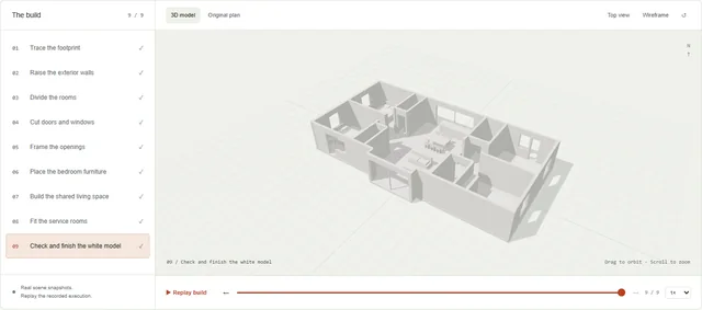 Screenshot of the clay render after approximately 10 minutes, showing nine completed build steps
