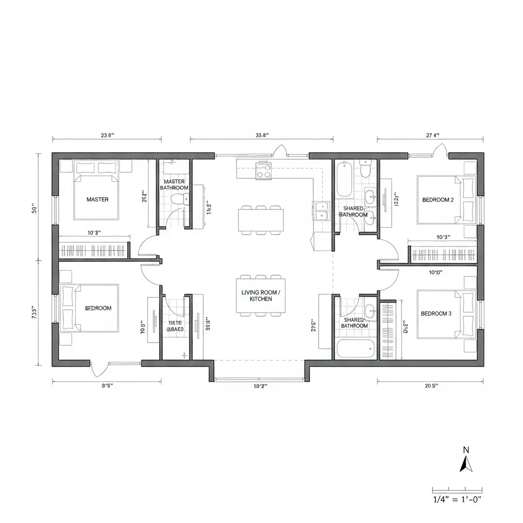 Original floor plan used to lay out four bedrooms, three bathrooms and the central living space